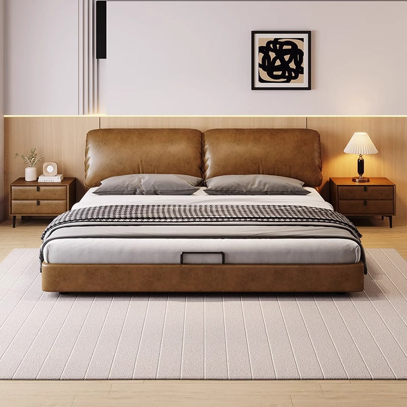 Air pressure bed solid wood bed double bed cow leather soft bag minimalist style