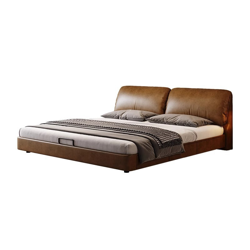 Air pressure bed solid wood bed double bed cow leather soft bag minimalist style