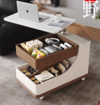 360 Degree Rotating Coffee Table, Modern Design (White Top with Walnut Drawers)