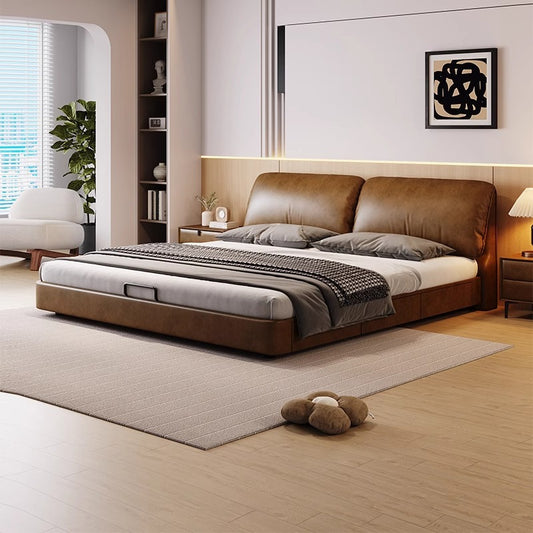 Double bed solid wood bed cow leather soft bag wedding bed Italian minimalist style